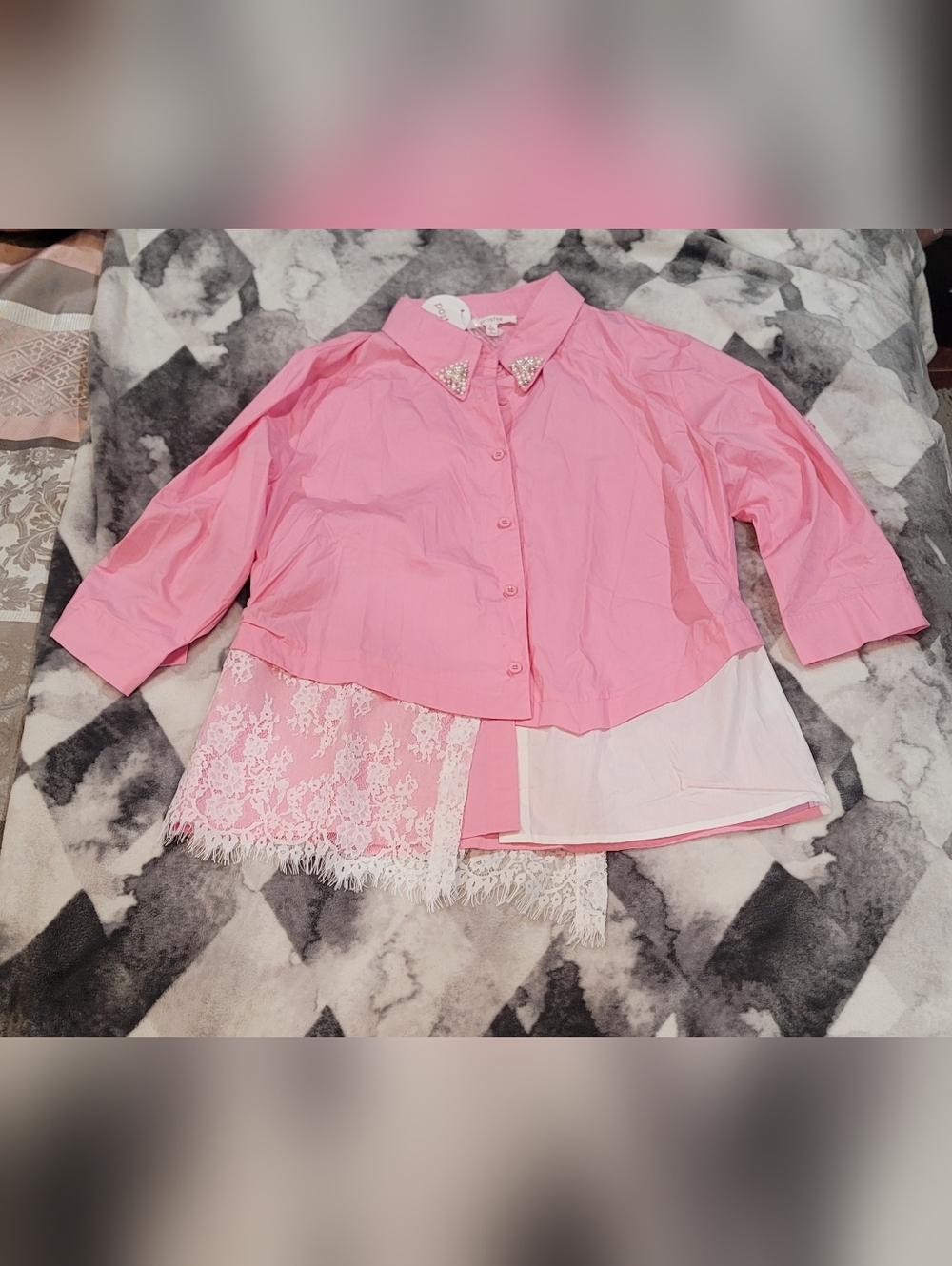 Pastels Pink Lace-Trim Button Front Blouse